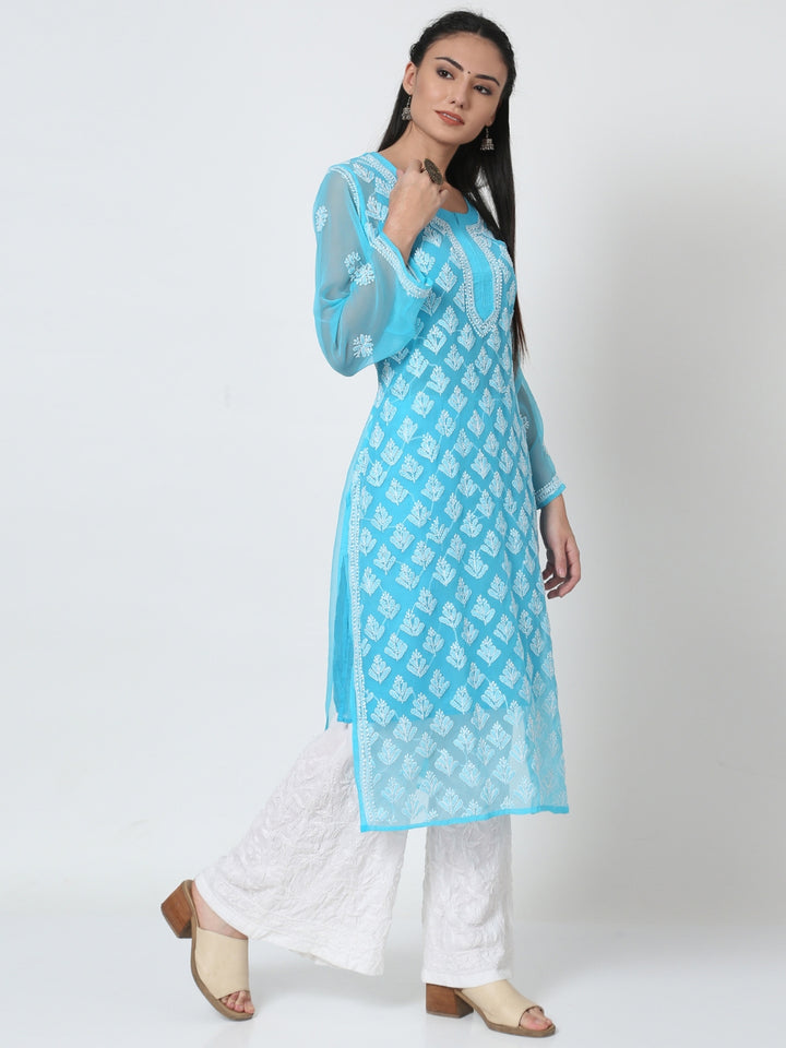 Hand Embroidered Chikankari Georgette Straight Kurta With Matching Slip- PC3484