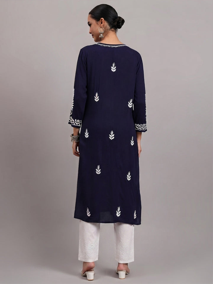 Women Hand Embroidered Chikankari Rayon Kurta PC4076 Navy
