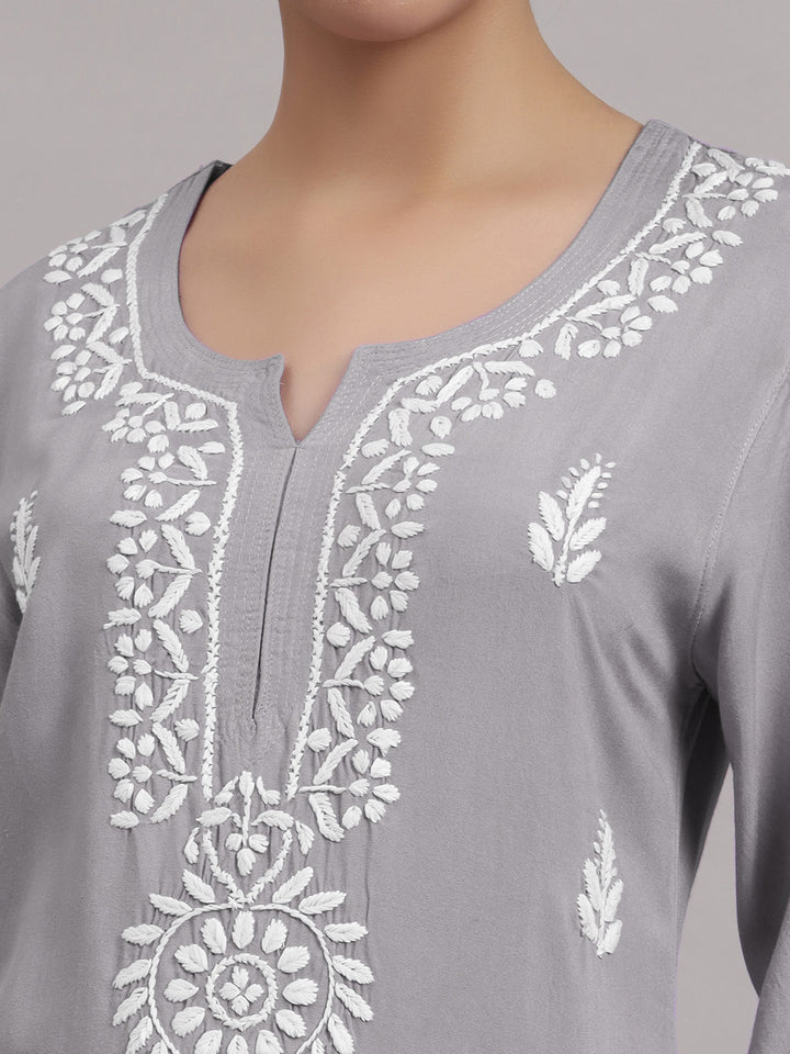 Women Hand Embroidered Chikankari Rayon Kurta PC4076 Grey