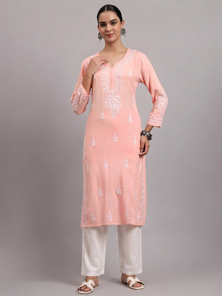 Women Hand Embroidered Chikankari Rayon Kurta PC4076 Peachpuff