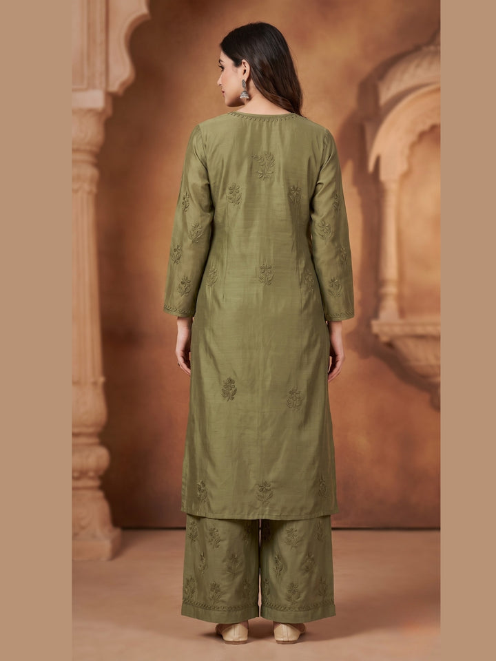 Women Hand Embroidered Chikankari Chanderi Kurta Set PC4119KS