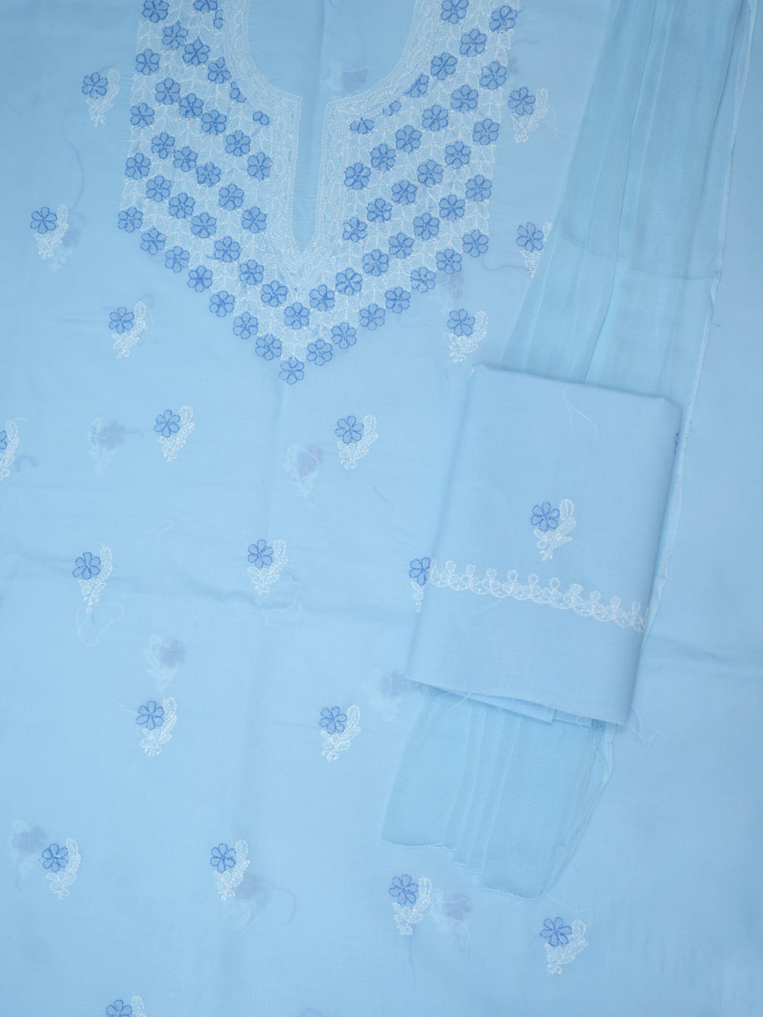 Women Hand Embroidered Chikankari Cotton Dressmaterial PCSCU00102FS-Blue