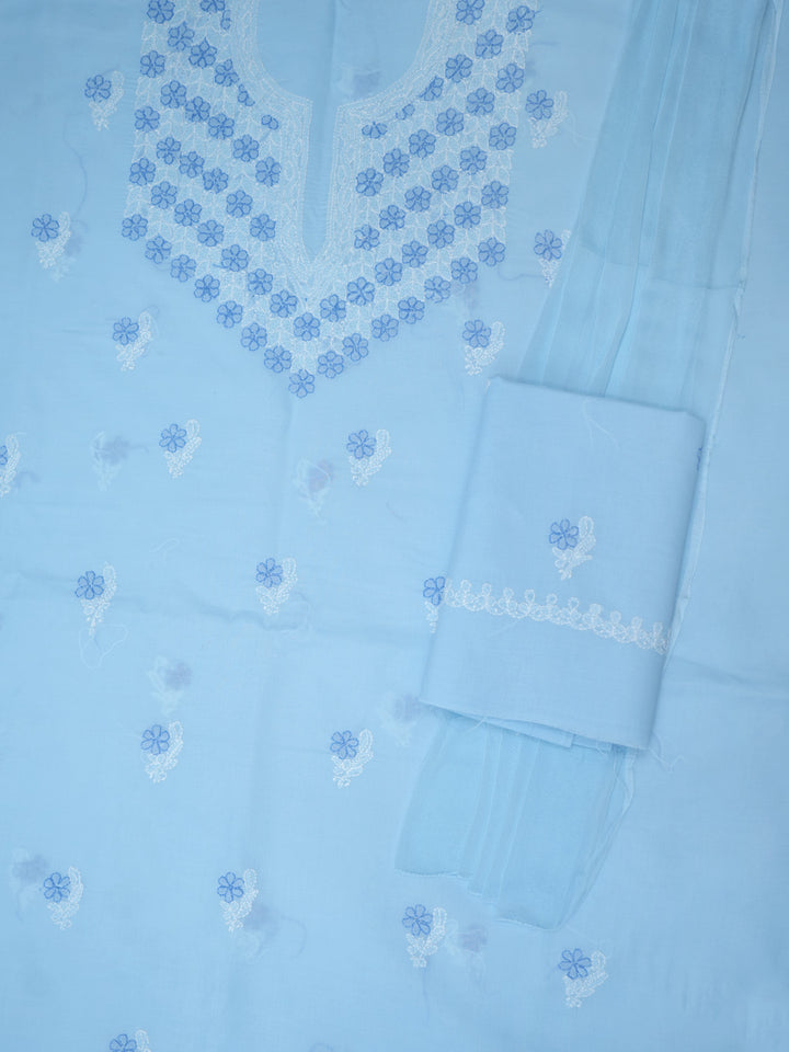 Women Hand Embroidered Chikankari Cotton Dressmaterial PCSCU00102FS-Blue