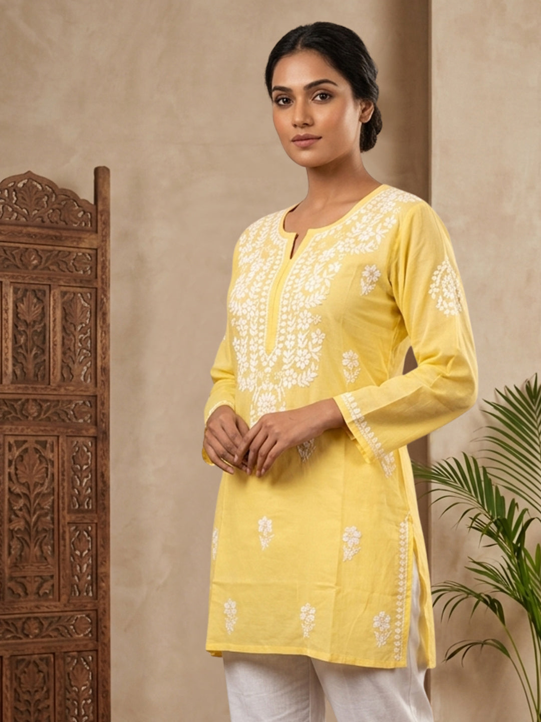 Women Hand Embroidered Chikankari Modal Kurti PC3611 Yellow