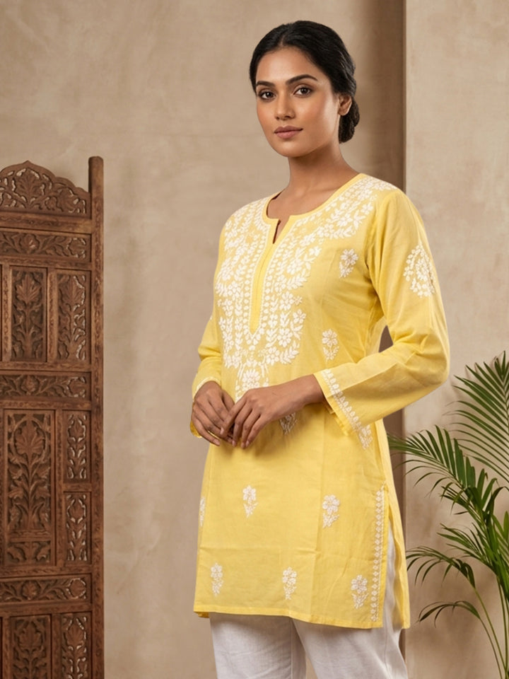 Women Hand Embroidered Chikankari Modal Kurti PC3611 Yellow