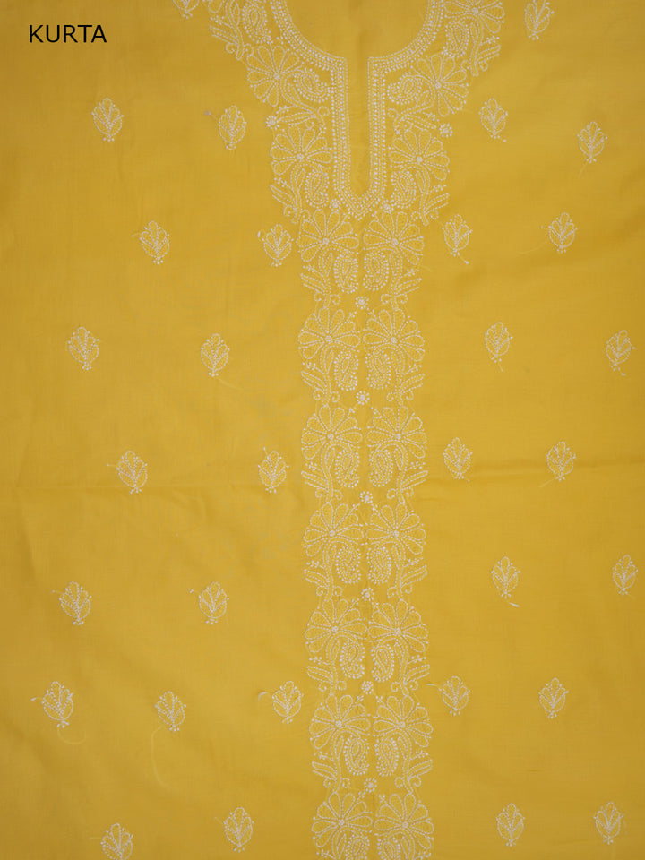 Women Hand Embroidered Chikankari Cotton Dressmaterial PCSCU00104FS-DARKYELLOW
