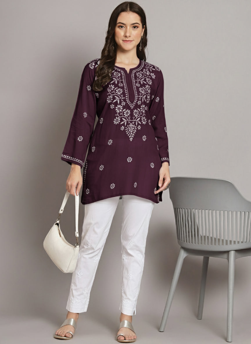Women Hand Embroidered Chikankari Modal Kurti PC3611 Violet