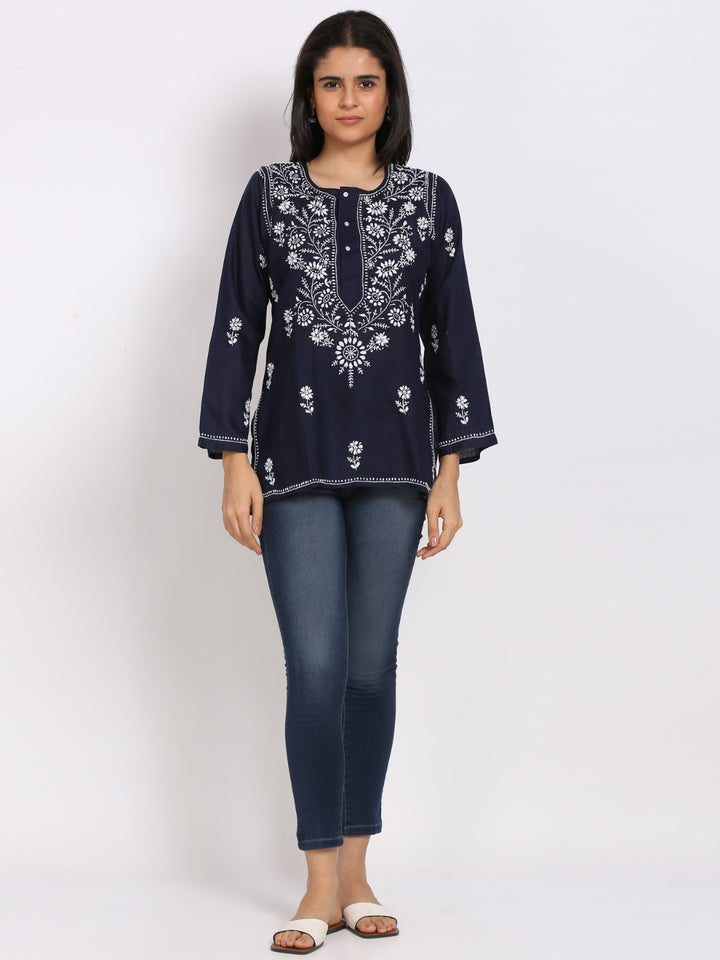 Women Hand Embroidered Chikankari Cotton Kurti-STV115