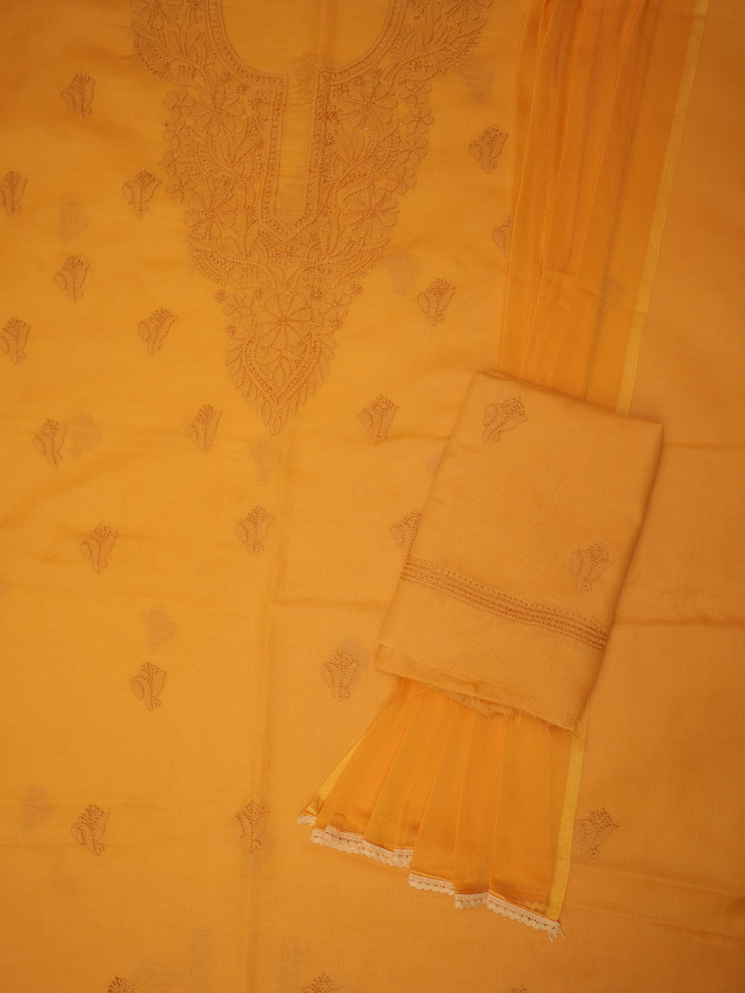 Women Hand Embroidered Chikankari Cotton Dressmaterial PCSCU00103FS-MUSTARD