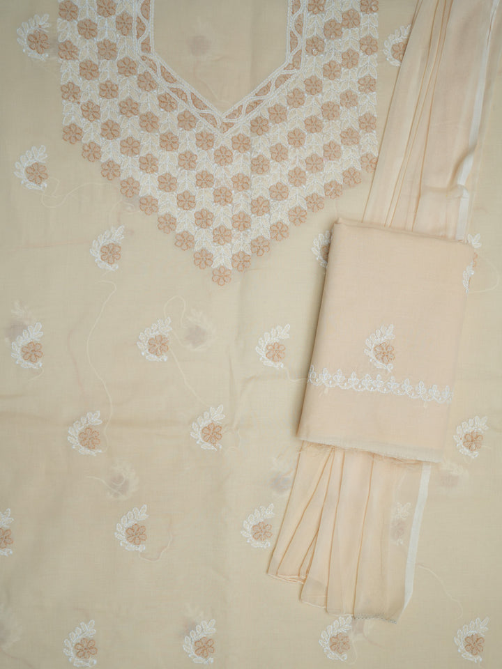 Women Hand Embroidered Chikankari Cotton Dressmaterial PCSCU00102FS-CREAME