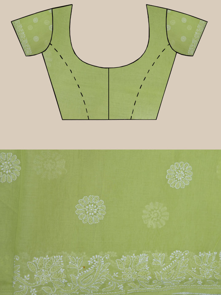 Hand Embroidered Chikankari Cotton Saree PCSAR02 Lightgreen