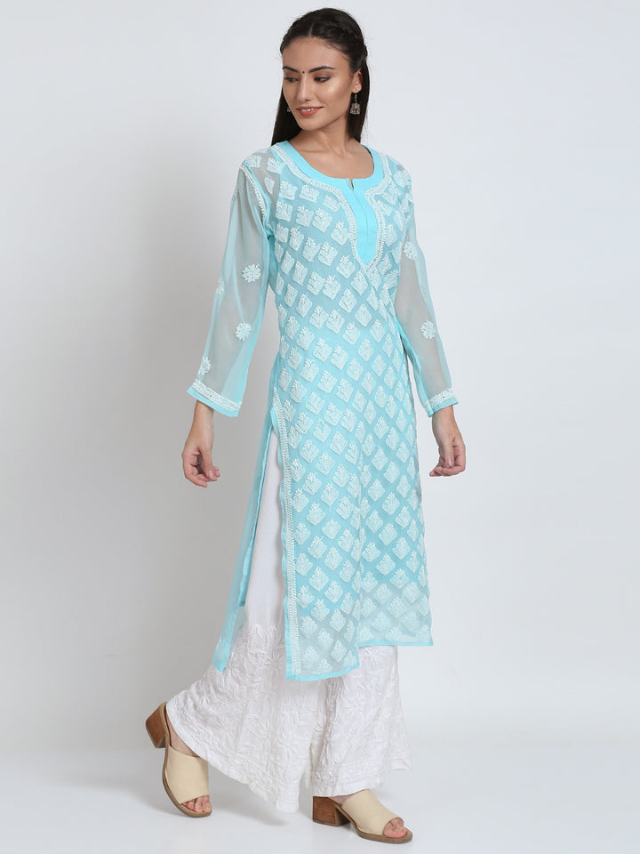 Hand Embroidered Chikankari Georgette Straight Kurta With Matching Slip- PC3484