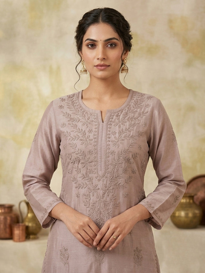 Women Hand Embroidered Chikankari Chanderi Kurta Set PC4119KS