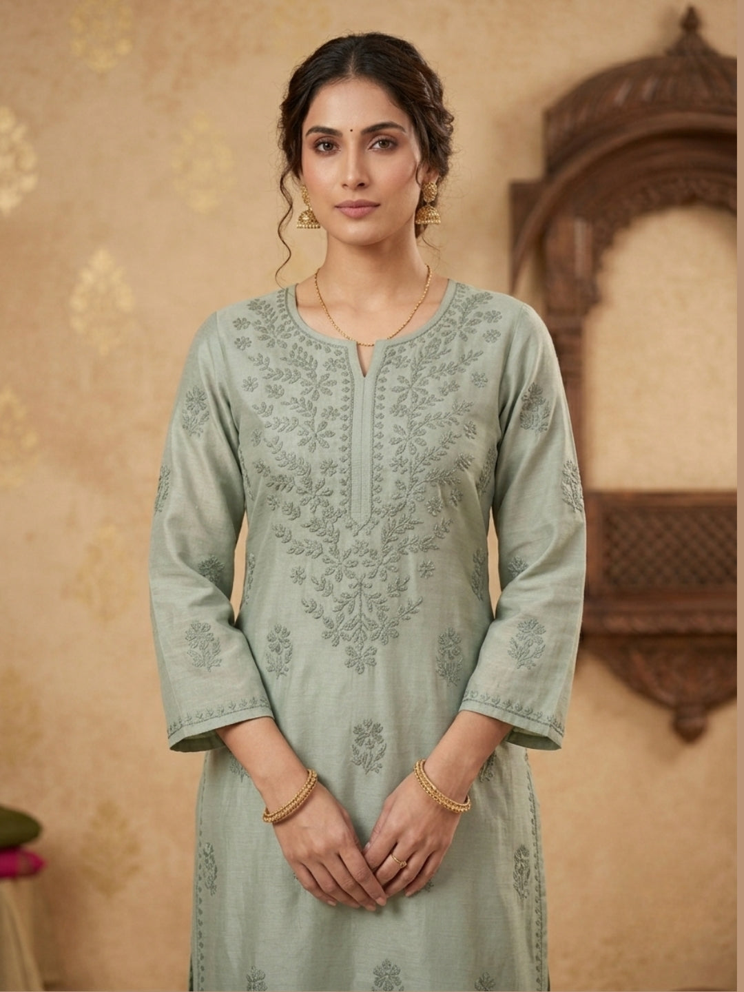 Women Hand Embroidered Chikankari Chanderi Kurta Set PC4119KS