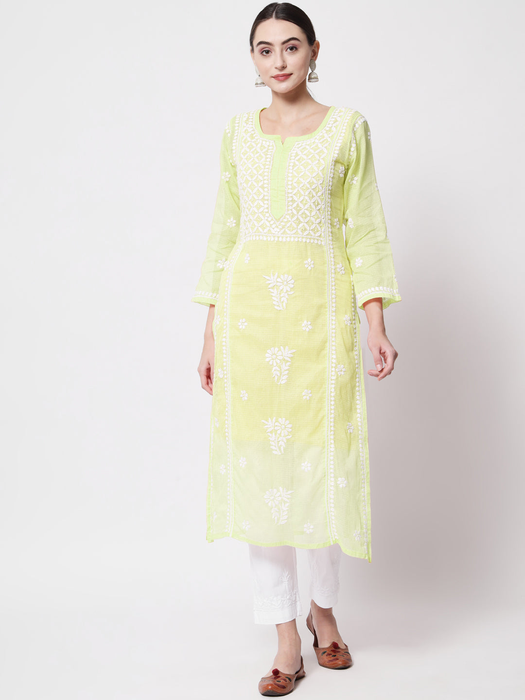 Hand Embroidered Chikankari Kota Cotton straight Kurta with matching Slip- PC3593