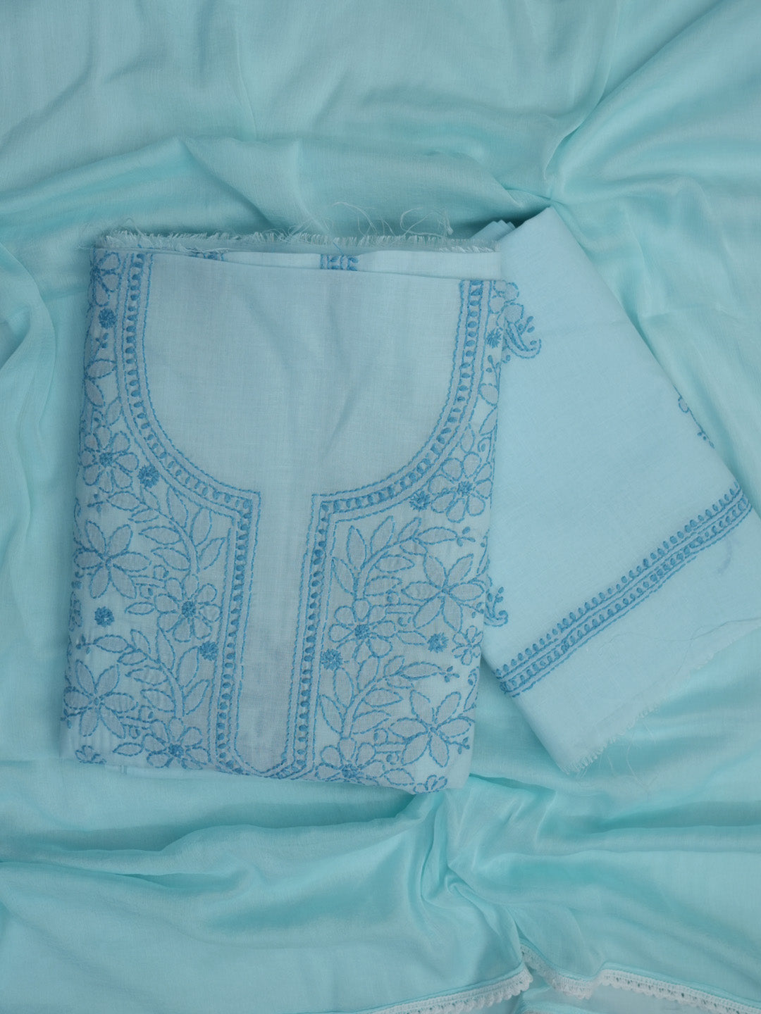 Women Hand Embroidered Cotton Chikankari Dress MaterialPCSCU00406FS-OCEANBLUE
