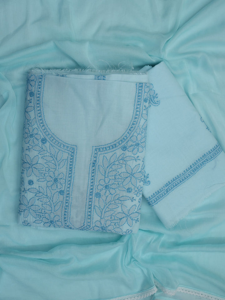 Women Hand Embroidered Cotton Chikankari Dress MaterialPCSCU00406FS-OCEANBLUE