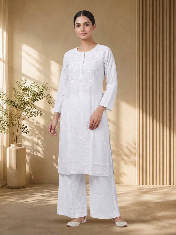 Hand Embroidered Chikankari Straight Floral Cotton Kurta-NTV115 White