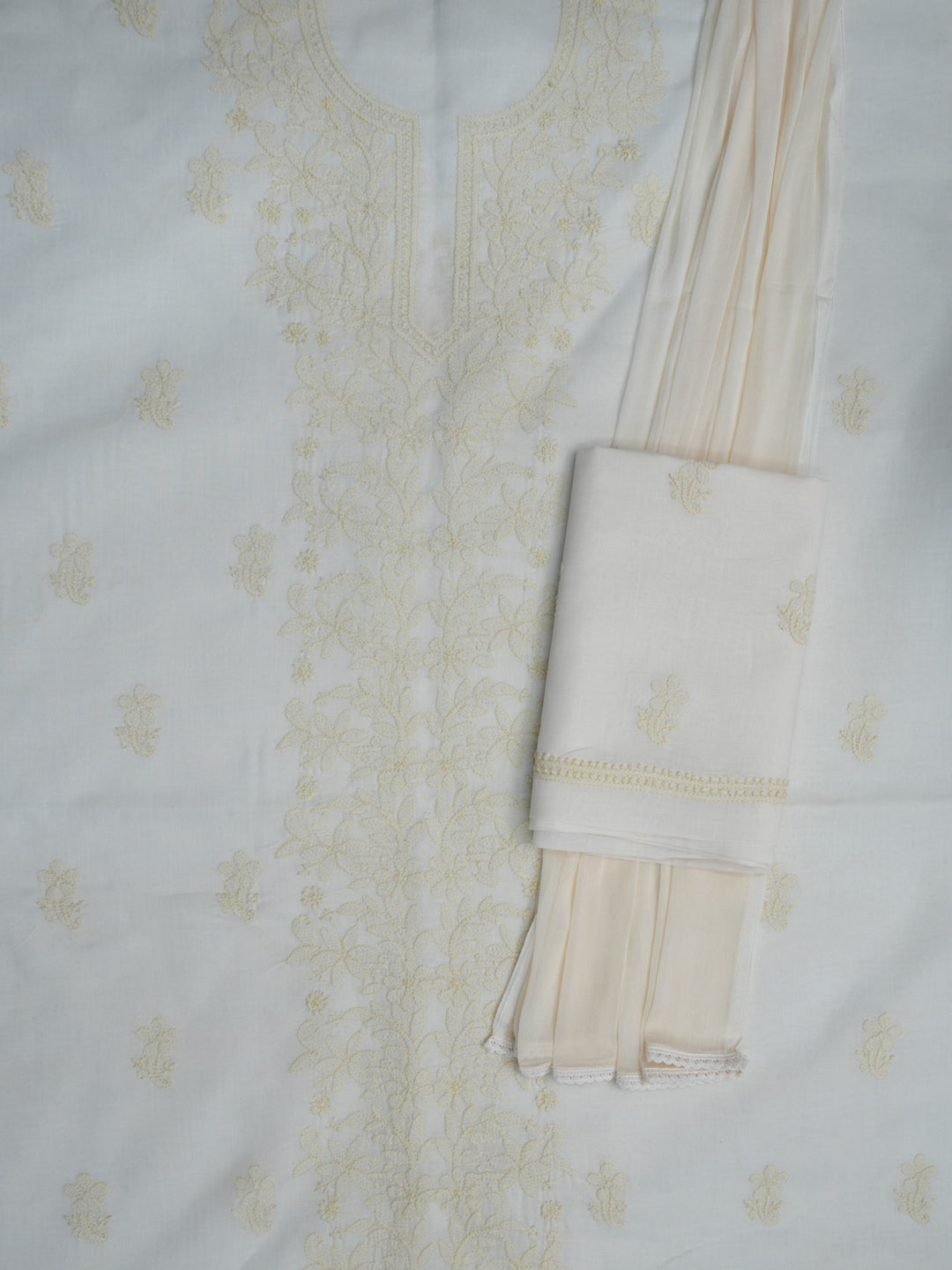 Women Hand Embroidered Chikankari Cotton Dressmaterial PCSCU00406FS-BEIGE