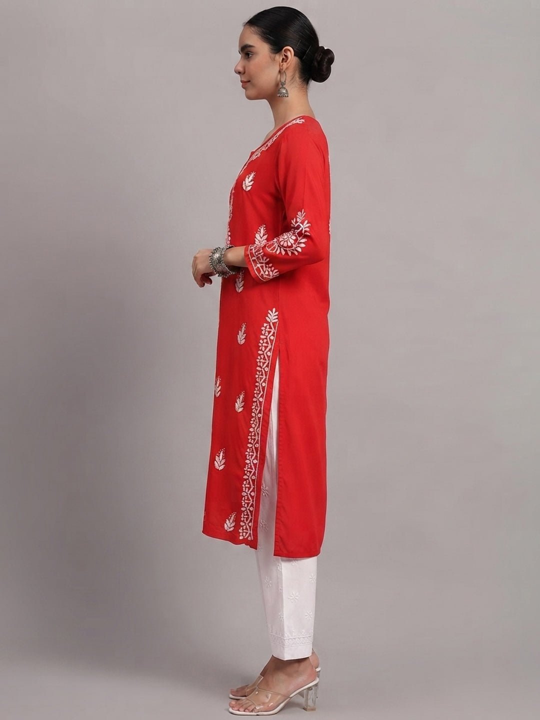 Women Hand Embroidered Chikankari Rayon Kurta PC4076 Red