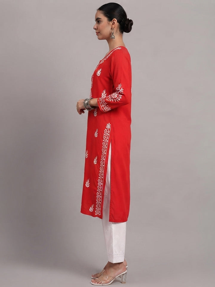 Women Hand Embroidered Chikankari Rayon Kurta PC4076 Red