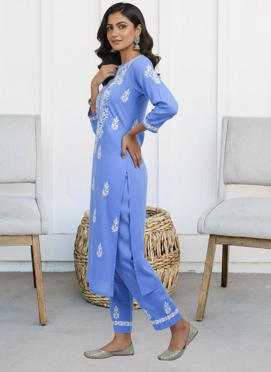 Women Hand Embroidered Chikankari Cotton Kurta set PC4107KS Denim