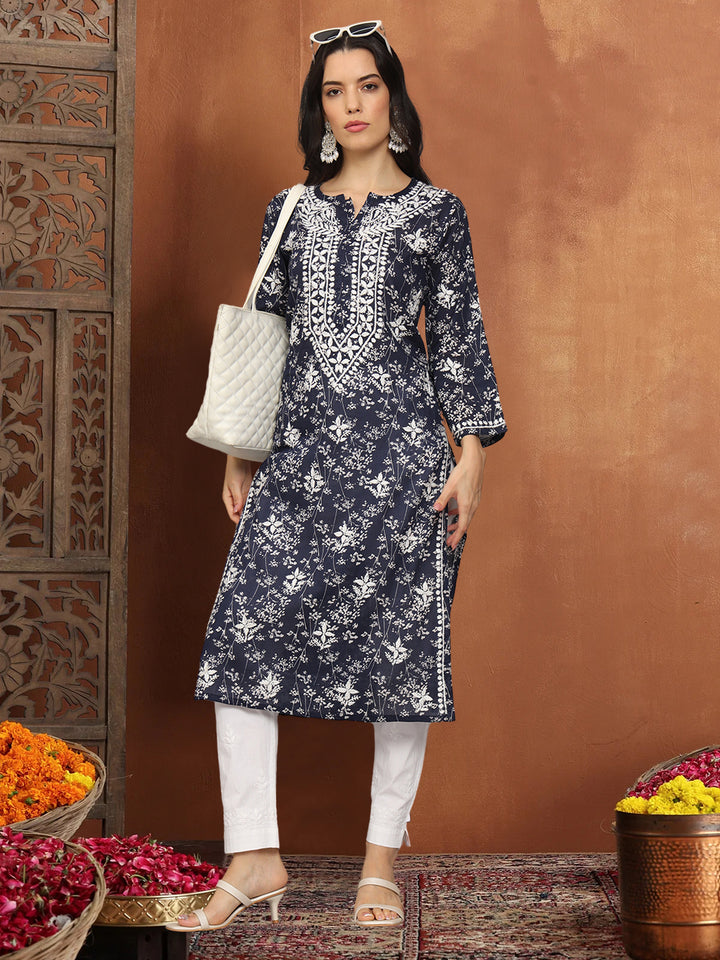 Hand Embroidered Chikankari Mulmul Cotton Straight Kurta- PC4041