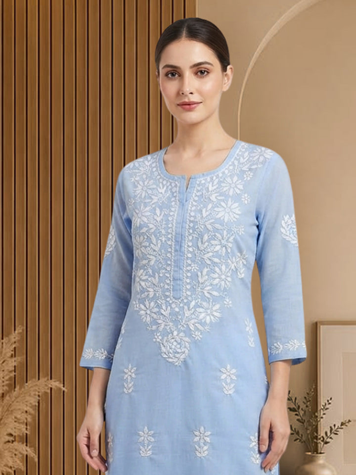Women Hand Embroidered Chikankari Cotton Kurta Set PC4135KS Denim