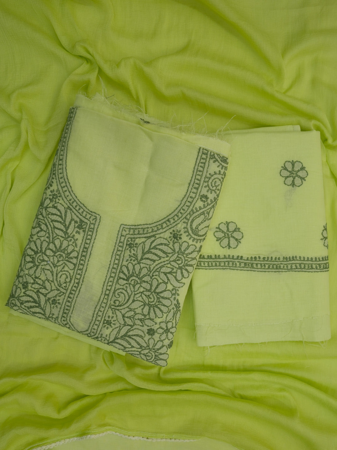 Women Hand Embroidered Cotton Chikankari Dress MaterialPCSCU00406FS-LIMEGREEN