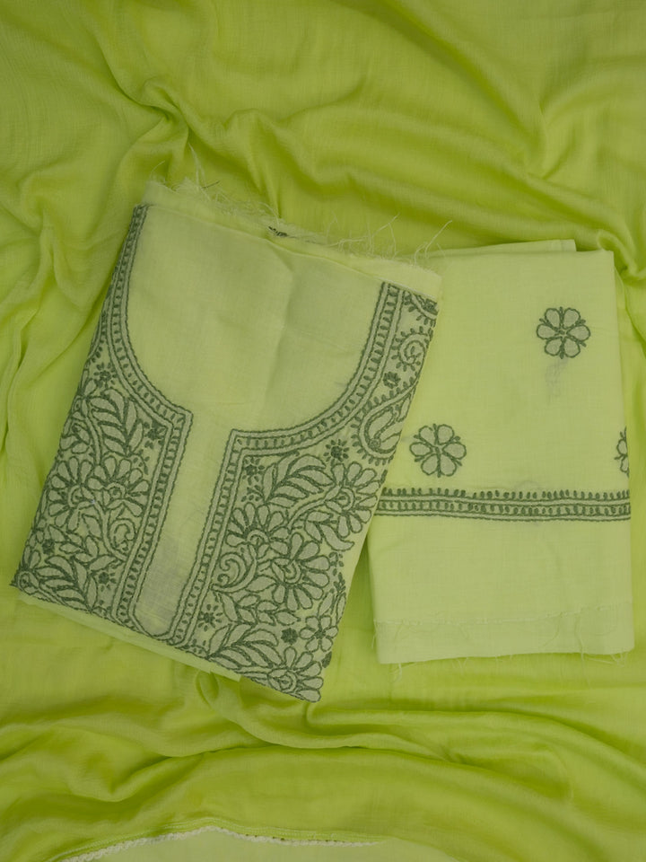 Women Hand Embroidered Cotton Chikankari Dress MaterialPCSCU00406FS-LIMEGREEN