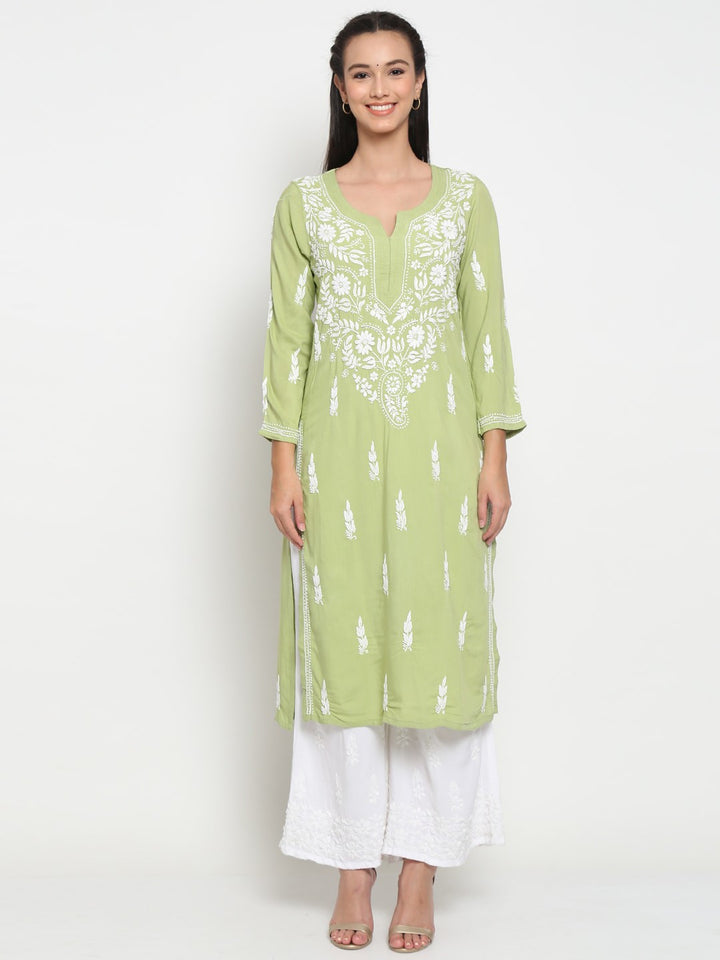 Hand Embroidered White Chikankari Rayon straight Kurta-PC3451