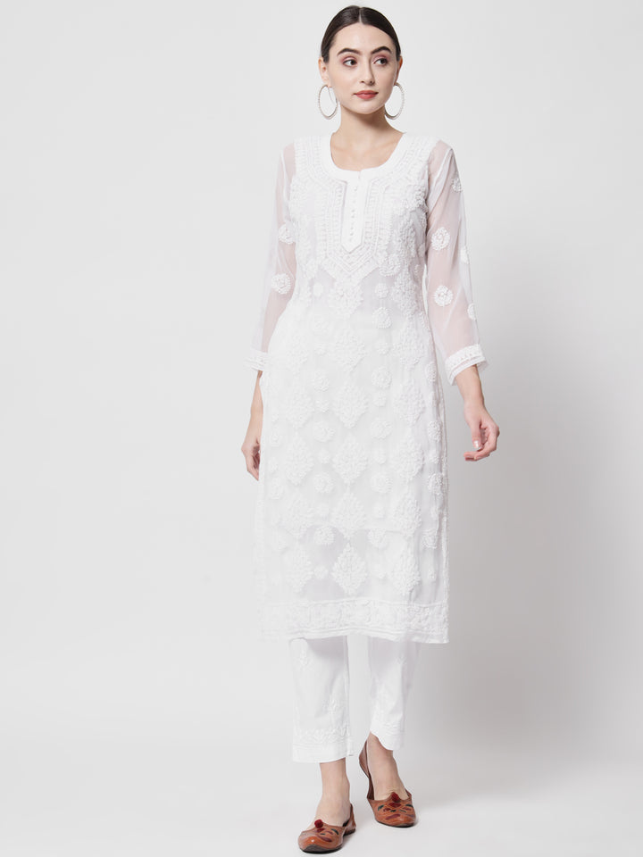 women Hand Embroidered Chikankari Georgette Straight Kurta With Matching Slip- PC3533