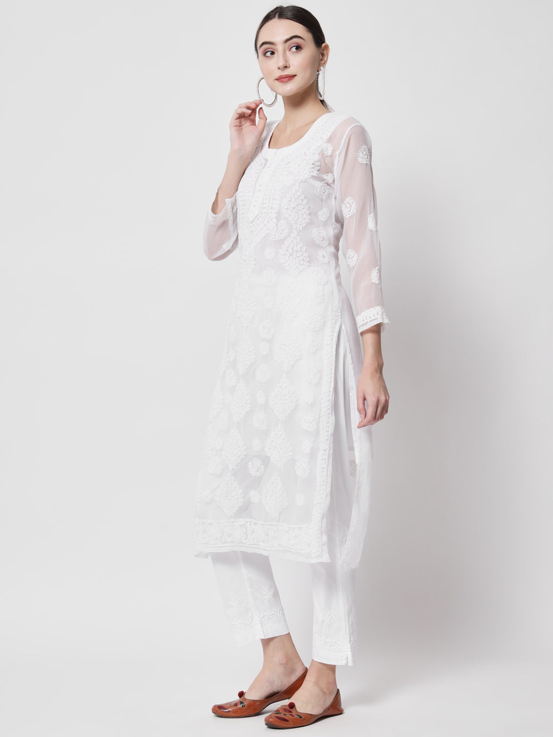 women Hand Embroidered Chikankari Georgette Straight Kurta With Matching Slip- PC3533