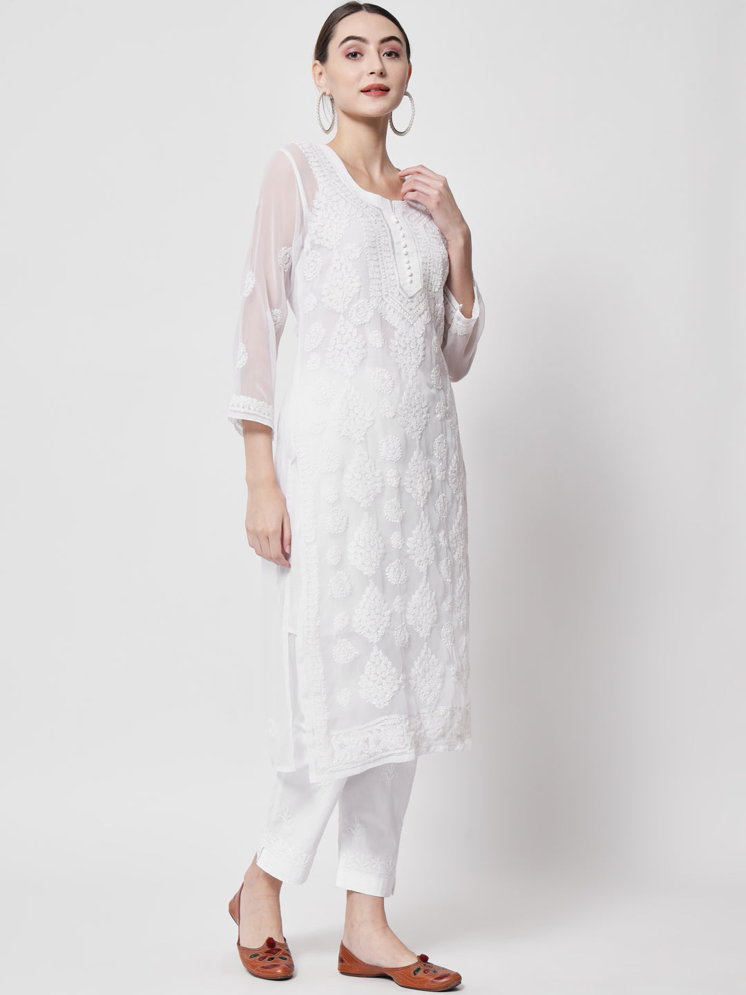 women Hand Embroidered Chikankari Georgette Straight Kurta With Matching Slip- PC3533