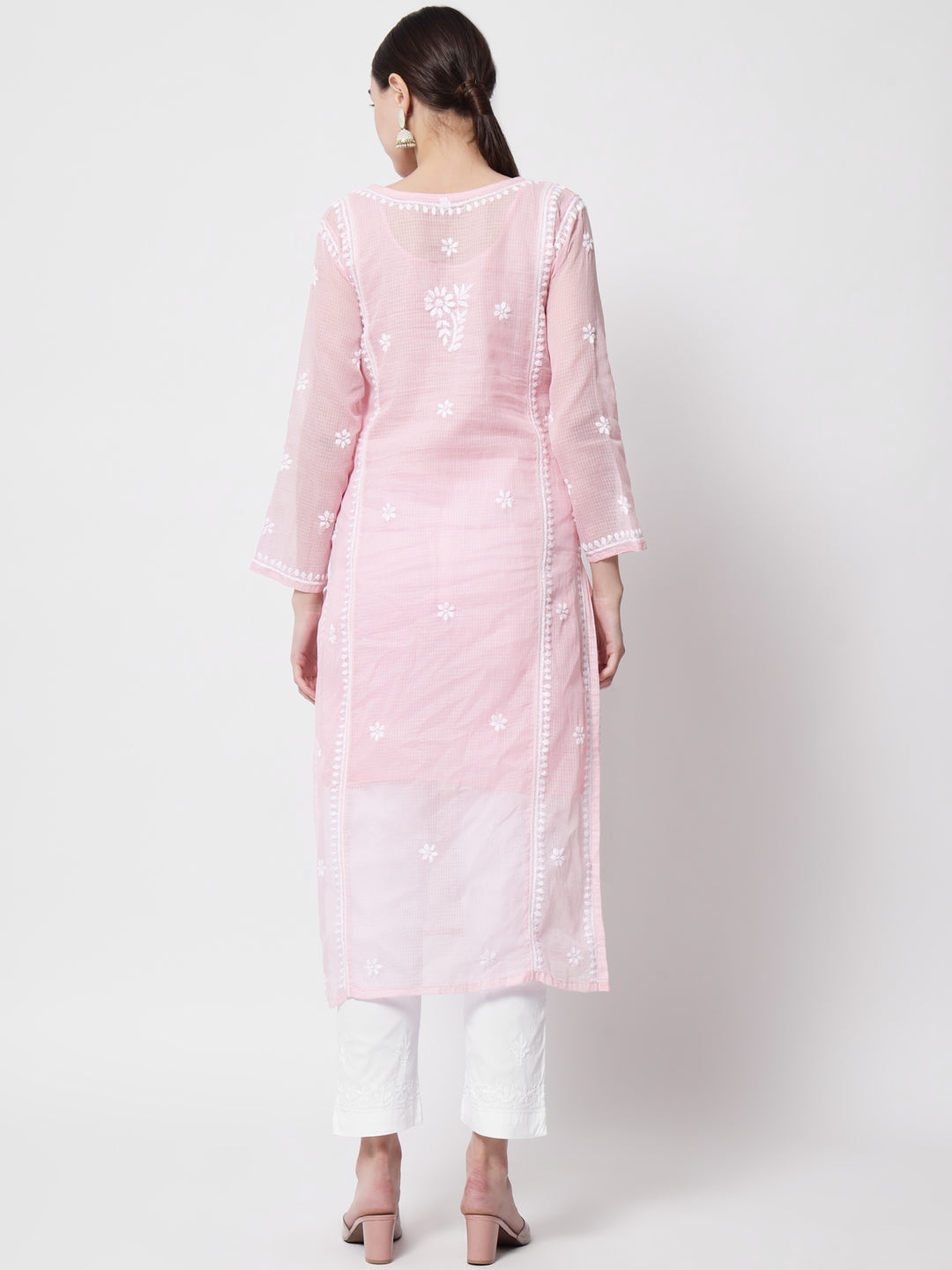 Hand Embroidered Chikankari Kota Cotton straight Kurta with matching Slip- PC3593