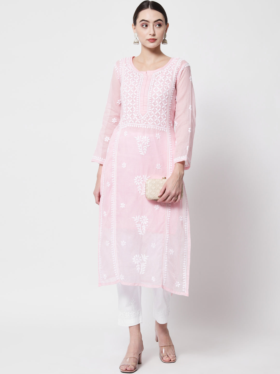 Hand Embroidered Chikankari Kota Cotton straight Kurta with matching Slip- PC3593