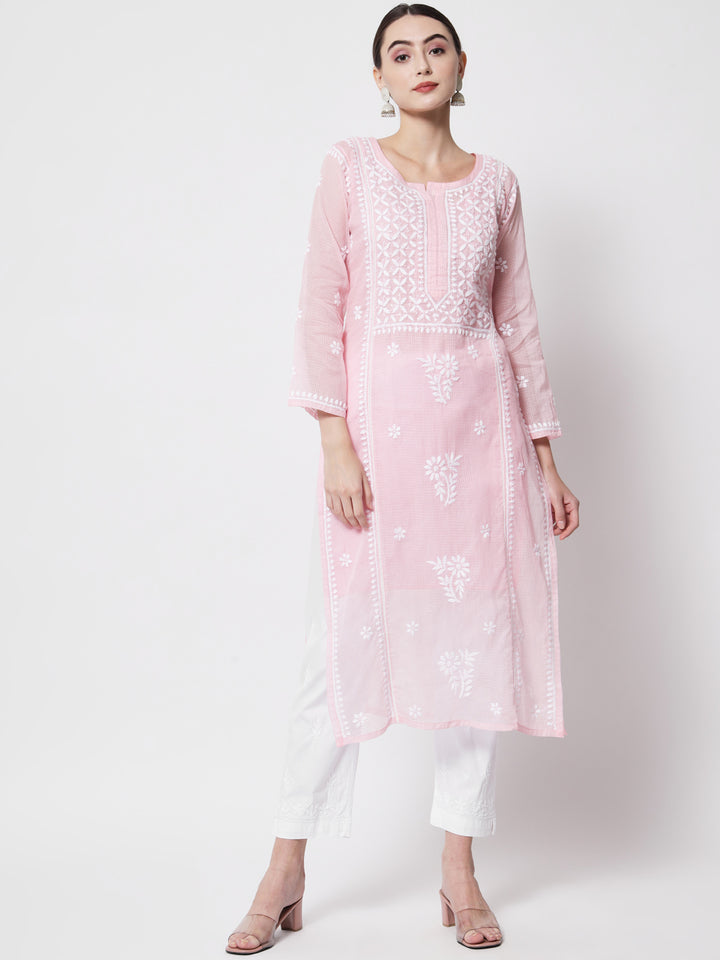 Hand Embroidered Chikankari Kota Cotton straight Kurta with matching Slip- PC3593