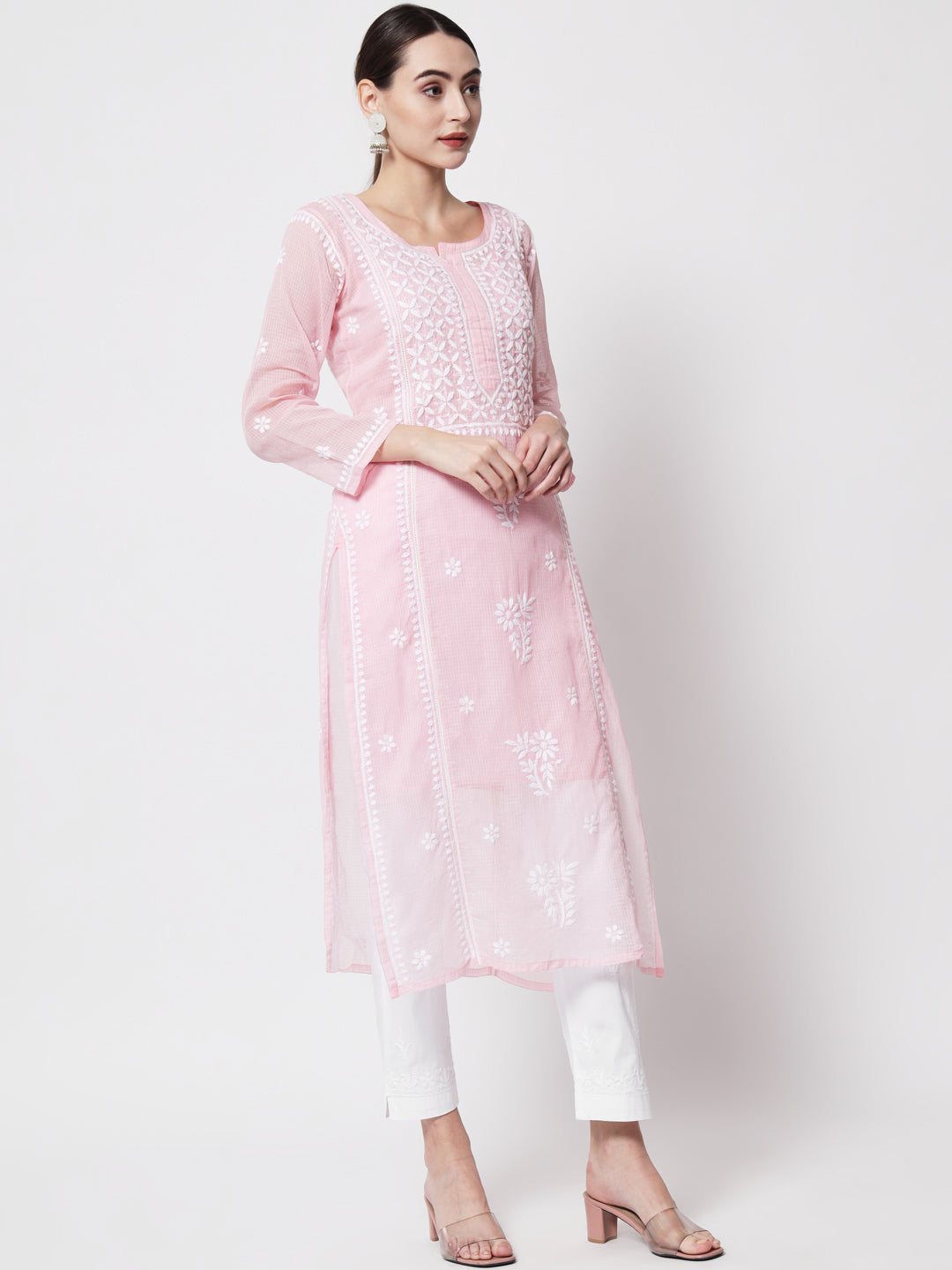 Hand Embroidered Chikankari Kota Cotton straight Kurta with matching Slip- PC3593