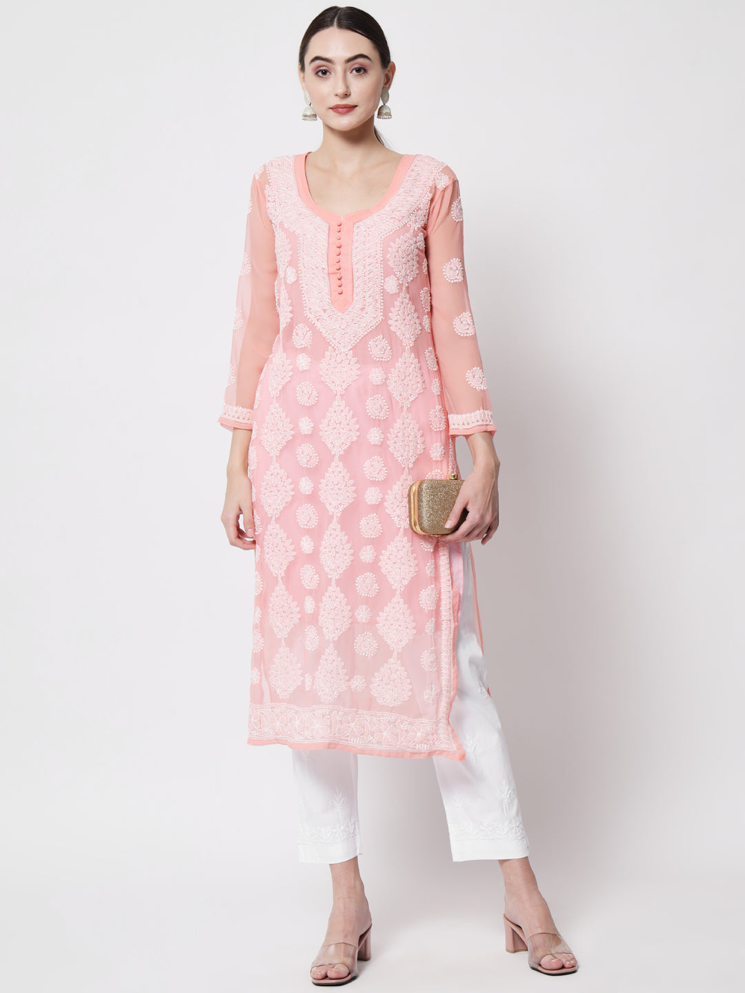 women Hand Embroidered Chikankari Georgette Straight Kurta With Matching Slip- PC3533