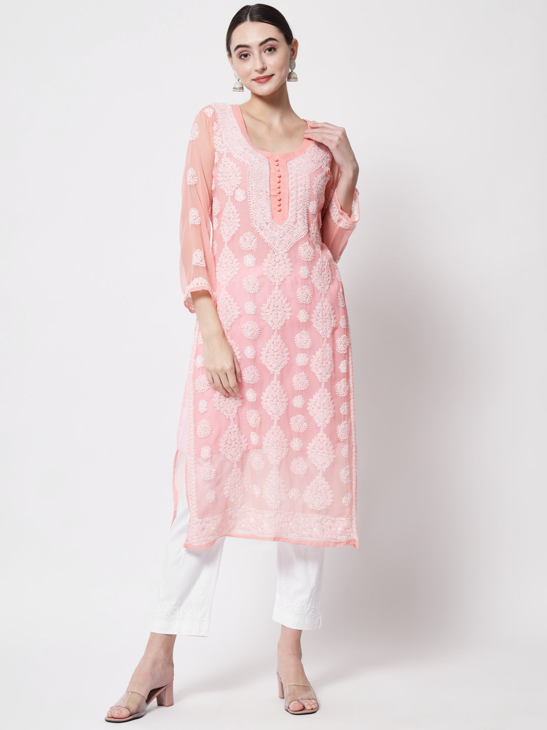 women Hand Embroidered Chikankari Georgette Straight Kurta With Matching Slip- PC3533