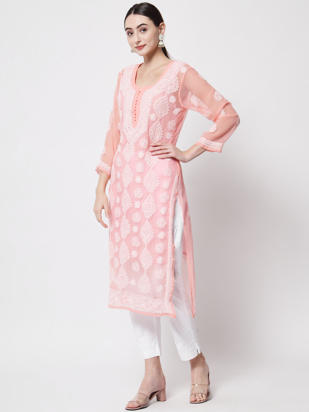 women Hand Embroidered Chikankari Georgette Straight Kurta With Matching Slip- PC3533