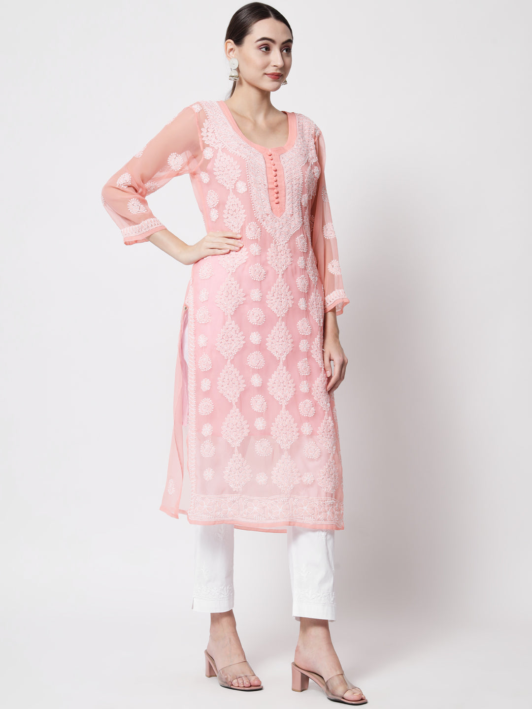 women Hand Embroidered Chikankari Georgette Straight Kurta With Matching Slip- PC3533