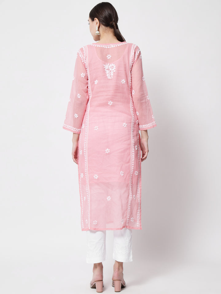 Hand Embroidered Chikankari Kota Cotton straight Kurta with matching Slip- PC3593