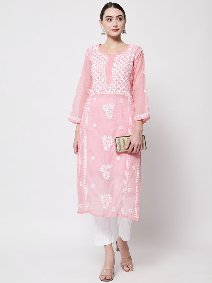 Hand Embroidered Chikankari Kota Cotton straight Kurta with matching Slip- PC3593