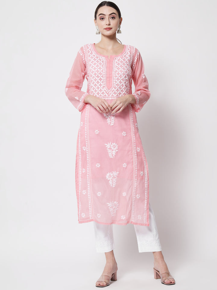 Hand Embroidered Chikankari Kota Cotton straight Kurta with matching Slip- PC3593