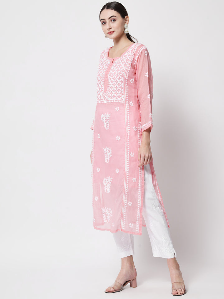 Hand Embroidered Chikankari Kota Cotton straight Kurta with matching Slip- PC3593