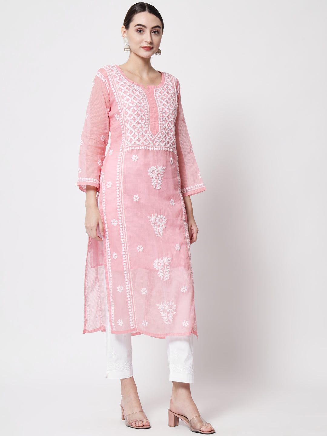 Hand Embroidered Chikankari Kota Cotton straight Kurta with matching Slip- PC3593