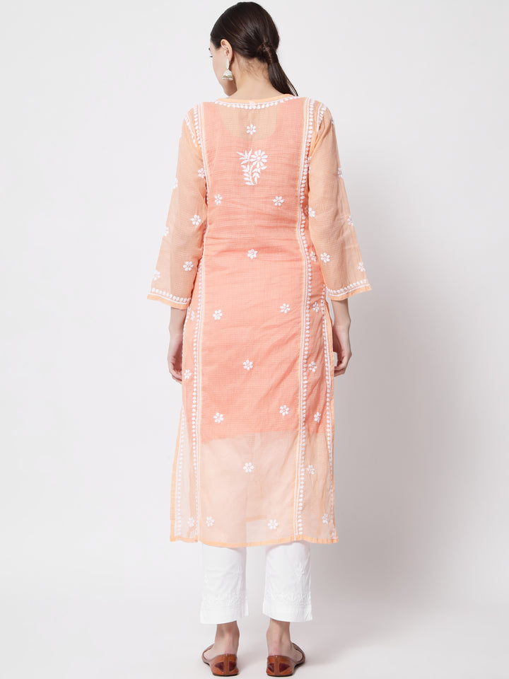 Hand Embroidered Chikankari Kota Cotton straight Kurta with matching Slip- PC3593