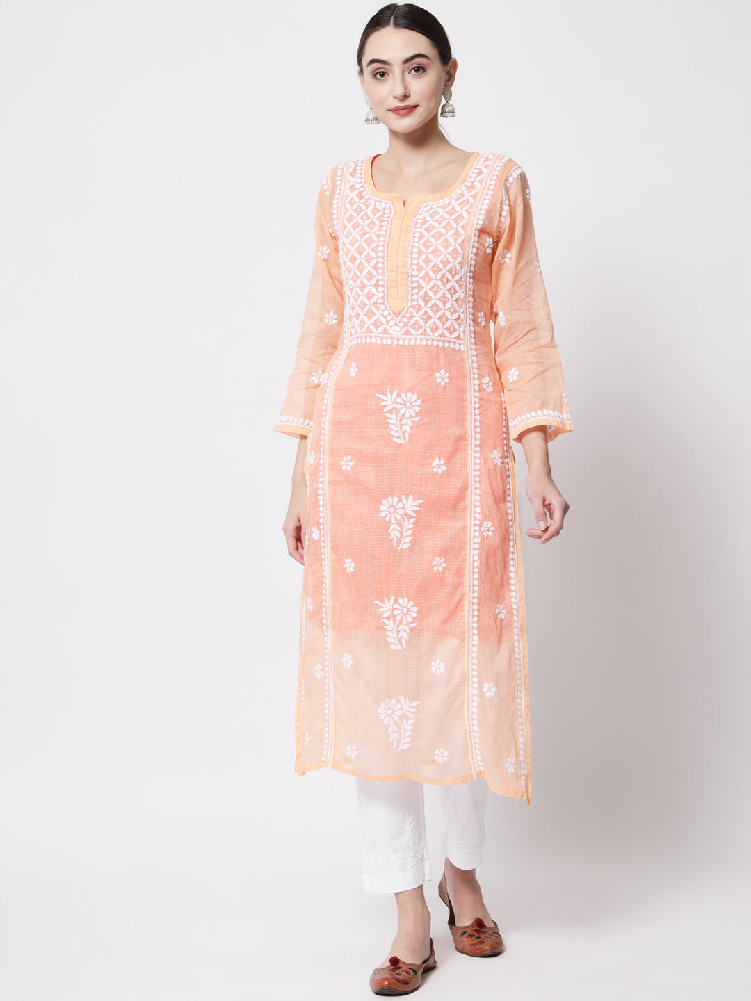 Hand Embroidered Chikankari Kota Cotton straight Kurta with matching Slip- PC3593