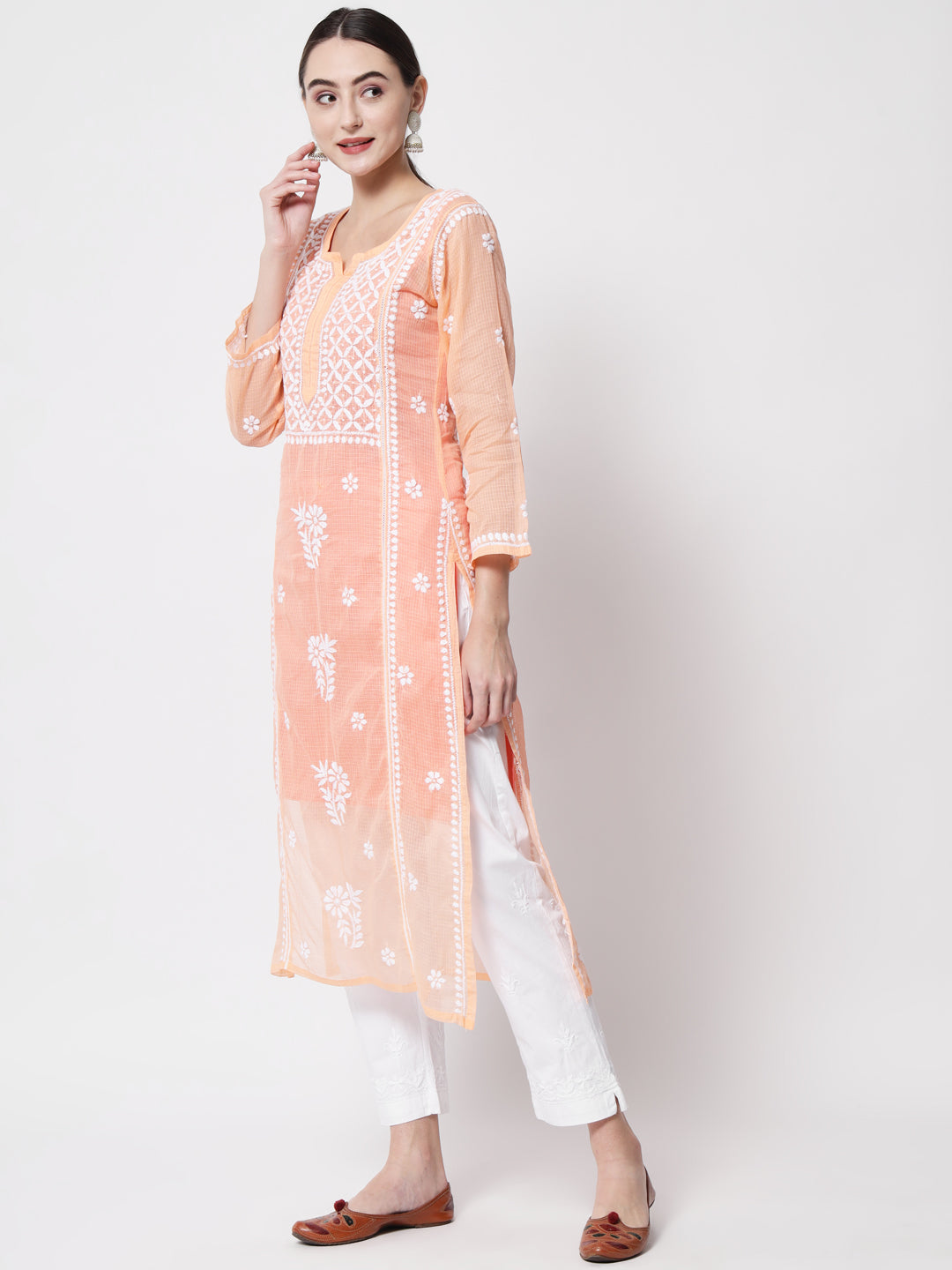 Hand Embroidered Chikankari Kota Cotton straight Kurta with matching Slip- PC3593